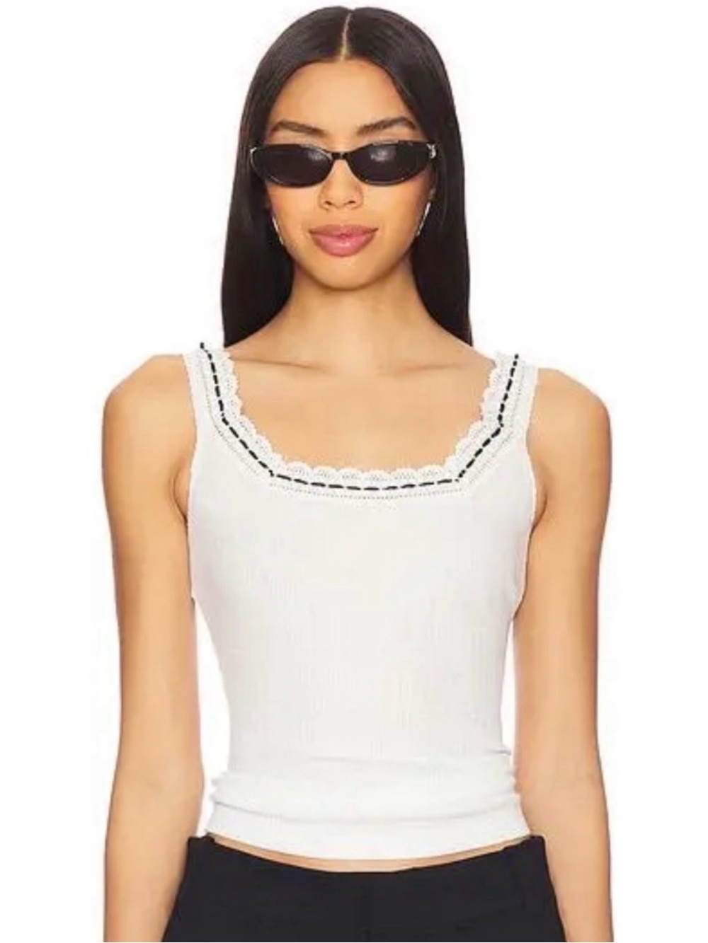 Free People White Ribbed Lace-Trim Tank Top with Black Accent